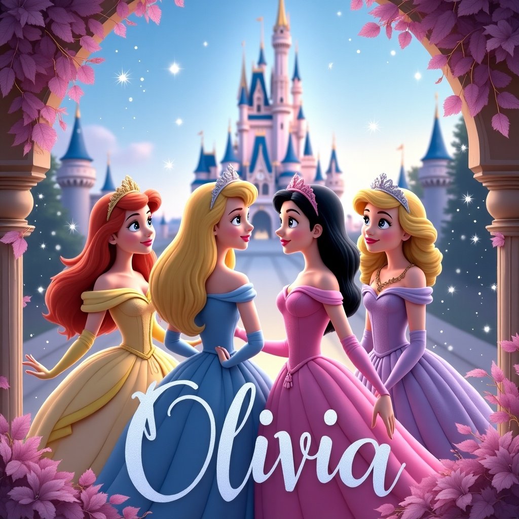 Scene features Disney Princesses in a magical setting. Background shows Disney Castle with glitter and sparkles. Decorative text reads Olivia.