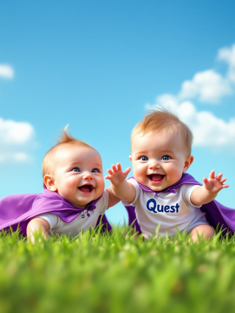 Two babies are playing on the grass. Both wear purple capes. One has a shirt with the word Quest. The scene conveys joy and innocence. The grass is vibrant green. The sky is clear and blue.