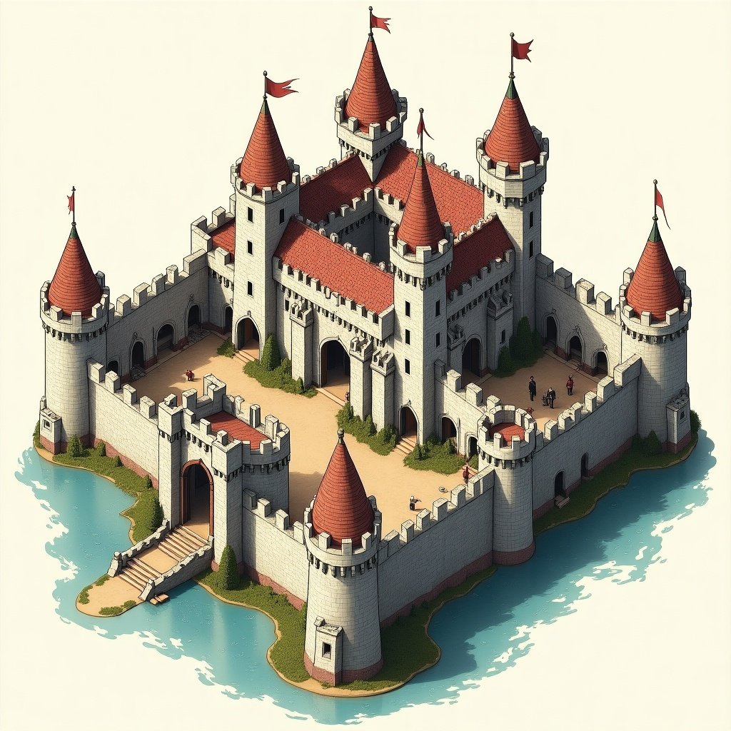 Illustration of a medieval castle with various features. Raised drawbridge. Surrounding moat filled with water. Distinctive towers. Red rooftops. Courtyard visible. Green areas. Flags waving from towers. Detailed battlements. Central keep for defense. Architectural details highlighted.