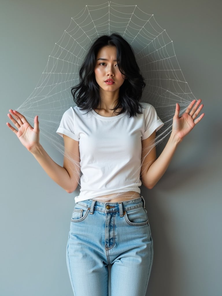 Korean woman with black hair wrapped in a spiderweb against gray wall. She wears a white t-shirt and blue jeans. Her arms are pressed to her sides, and legs are bound. Subtle movement creates ripples in web. Tousled hair frames her frustrated expression.