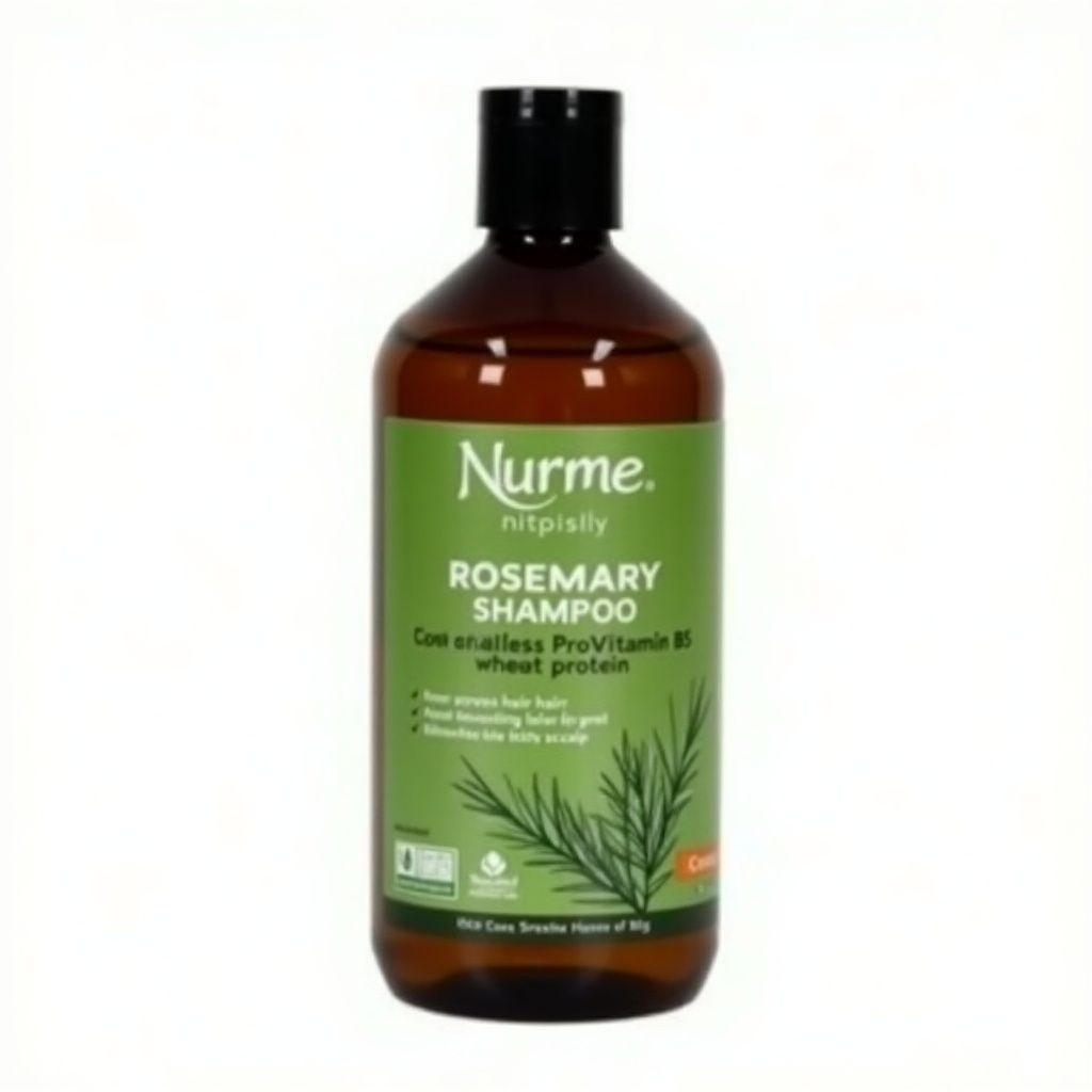 This image features a bottle of rosemary shampoo from Nurme, crafted in dark amber glass with a sleek black cap. The label is dominated by a vibrant green hue, showcasing the title 'ROSEMARY SHAMPOO' prominently in white text. Below the title, the rich formula includes ProVitamin B5 and wheat protein, indicating its benefits for hair health. The label claims that this shampoo encourages hair growth, alleviates dry hair, and eliminates an itchy scalp. Illustrations of rosemary leaves enhance the natural appeal of the product.