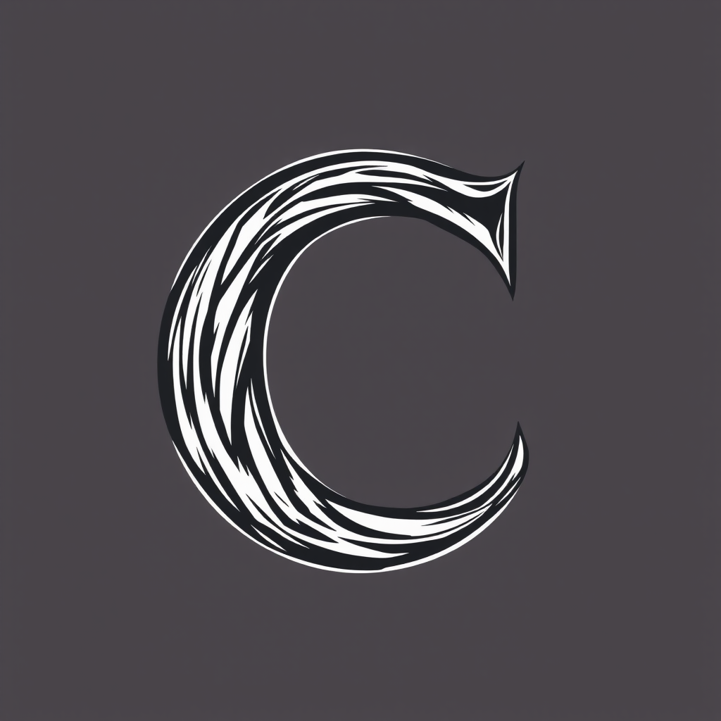 This image features an artistic representation of the letter 'C'. The character is drawn with a series of intricate, flowing lines that create a dynamic, swirling effect. The lines give the letter an almost three-dimensional appearance, making it appear as if it's carved or woven. The color scheme is monochrome, with the letter in white set against a dark gray background, enhancing its bold and striking appearance.