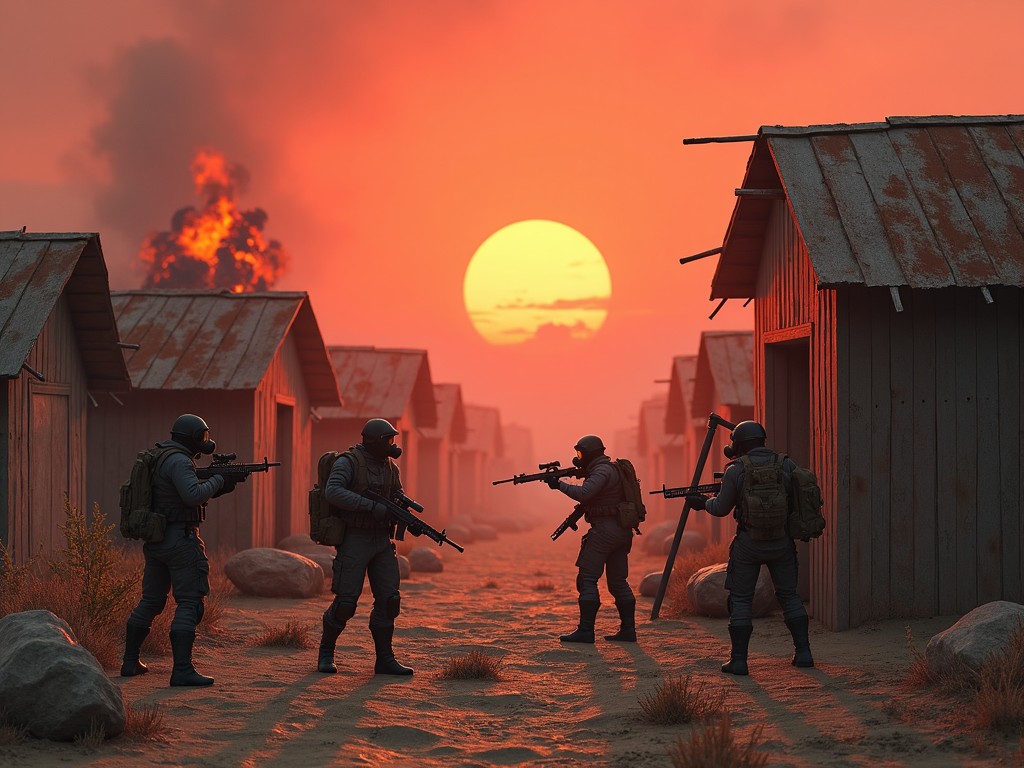 Imagine a raid scene inspired by the game Rust. The setting is a barren, desolate landscape with makeshift wooden and metal structures. Some buildings are smoking due to recent explosions. In the center, a group of players dressed in rusty armor and gas masks holds improvised weapons and explosives, preparing for action. One player is setting a charge on a wall while the others scan their surroundings cautiously. The low sun casts a fiery red glow across the scene, heightening the tension and creating a gritty atmosphere of danger and destruction.