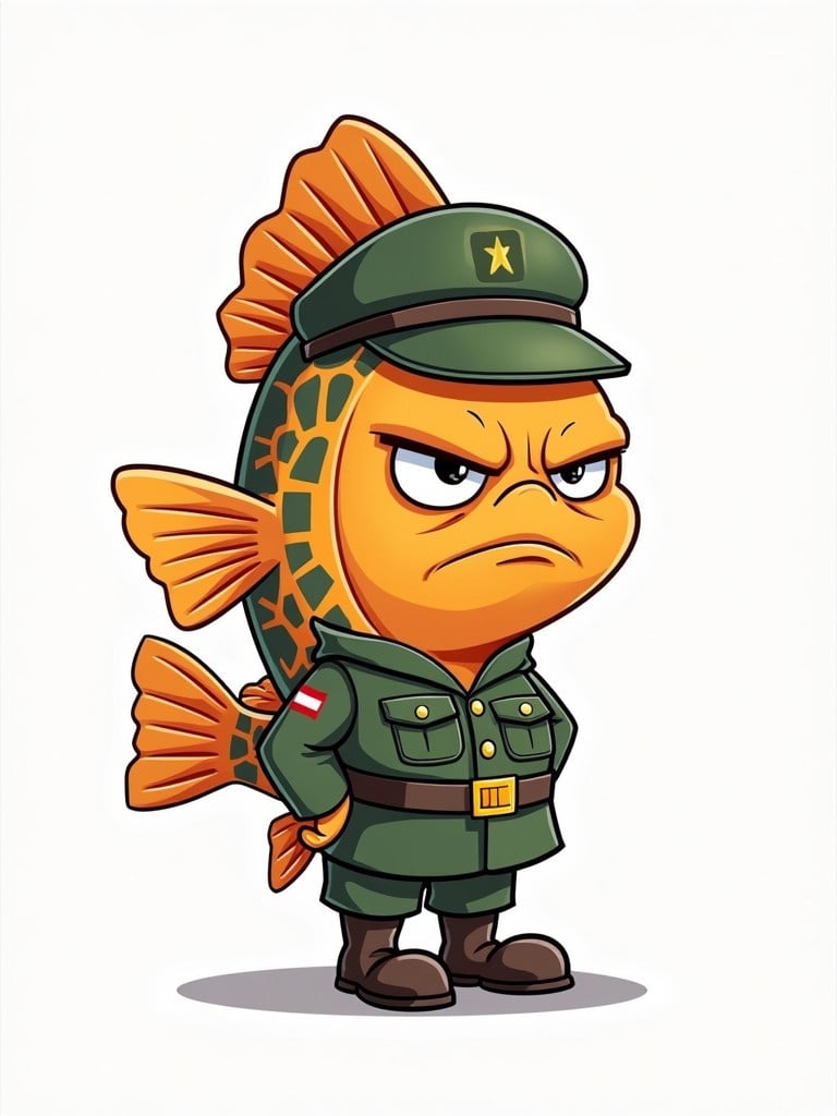 A colorful cartoon fish dressed in army uniform. The fish looks grumpy. The character has an orange body with patterned scales and is wearing a green army outfit. The fish stands upright, arms at its sides. Vibrant and playful design suitable for children.