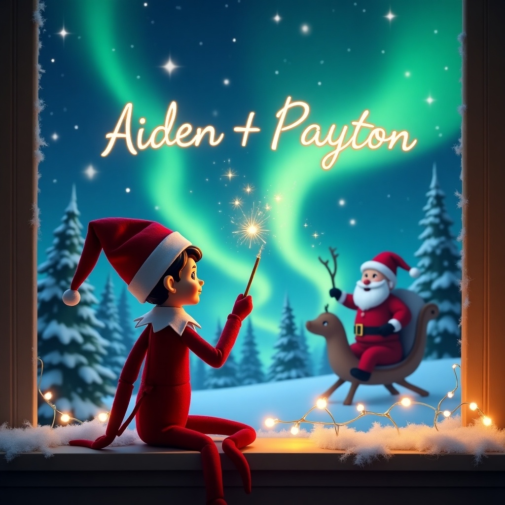 An elf on the shelf sits with its back to the viewer, facing a stunning sky filled with northern lights. The elf is using a sparkling wand to write names in the sky. In the background, Santa Claus joyfully rides his sleigh in a snowy landscape. The scene is filled with a festive ambience, glowing lights, and a sense of wonder. The names 'Aiden' and 'Payton' are elegantly written in the sky, emphasizing the magic of Christmas. The overall image conveys warmth and holiday spirit.