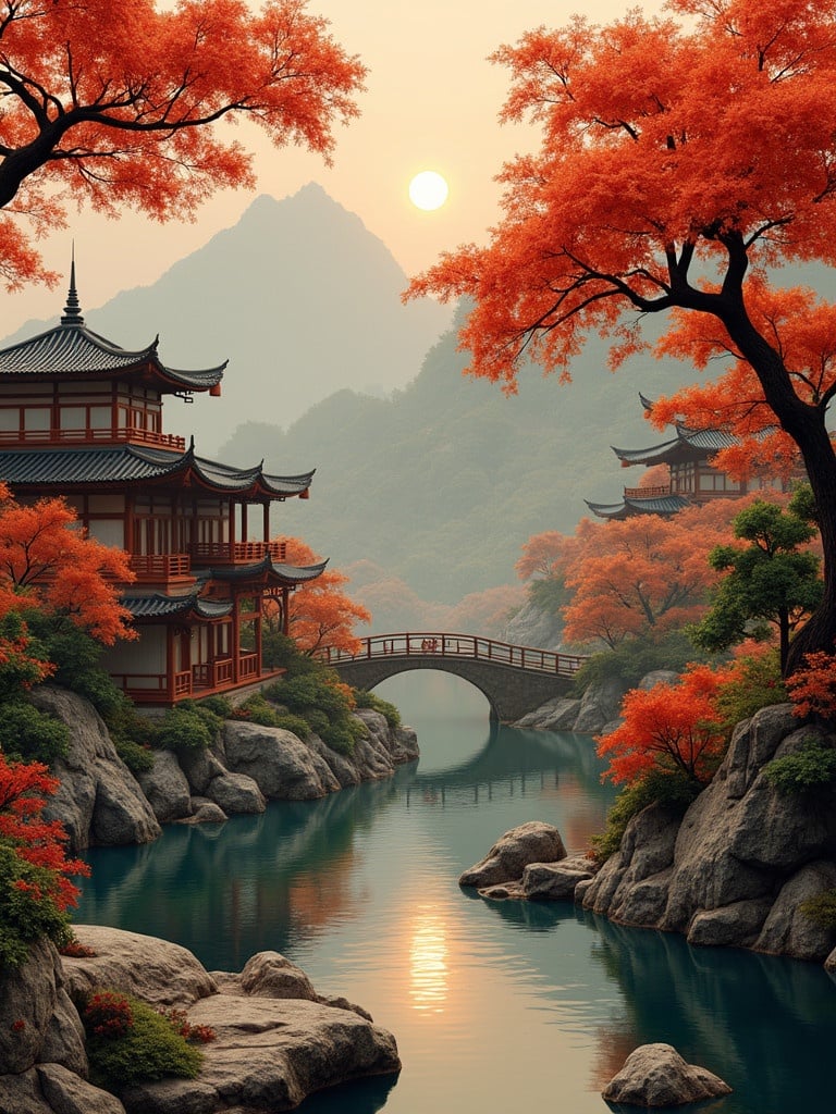 Vivid Asian landscape during autumn. Red-leaved trees surround a tranquil river. Two traditional pagodas are visible. The sun sets in the background. Rocks are scattered throughout the riverbank. A wooden bridge arches over the water.