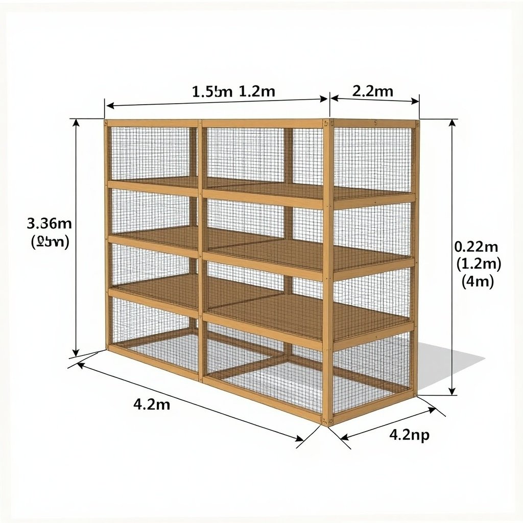 This image illustrates a chicken house designed with mesh wire as walls and timber support. Standing at 3 meters tall, it provides ample vertical space across three separate floors. Each floor has a height of 1 meter and the overall width is 1 meter, ensuring a compact design. The total length of the chicken house is 4 meters, allowing enough room for multiple chickens. This design promotes sustainable poultry farming, making it well-suited for urban settings.