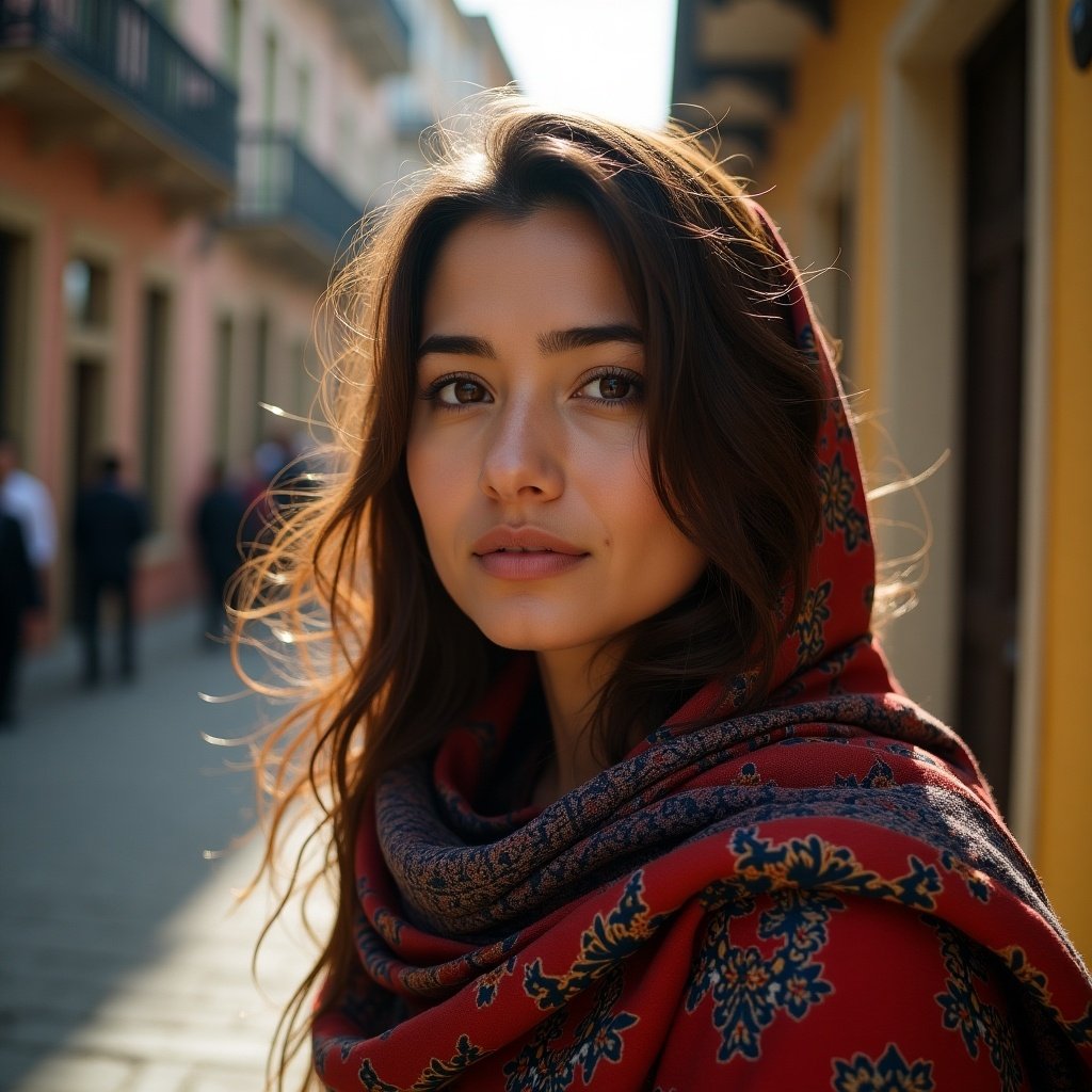 A woman with long hair wearing a colorful scarf stands on a narrow street. The street is lined with colorful buildings. Warm sunlight enhances the scene. People can be seen in the background.