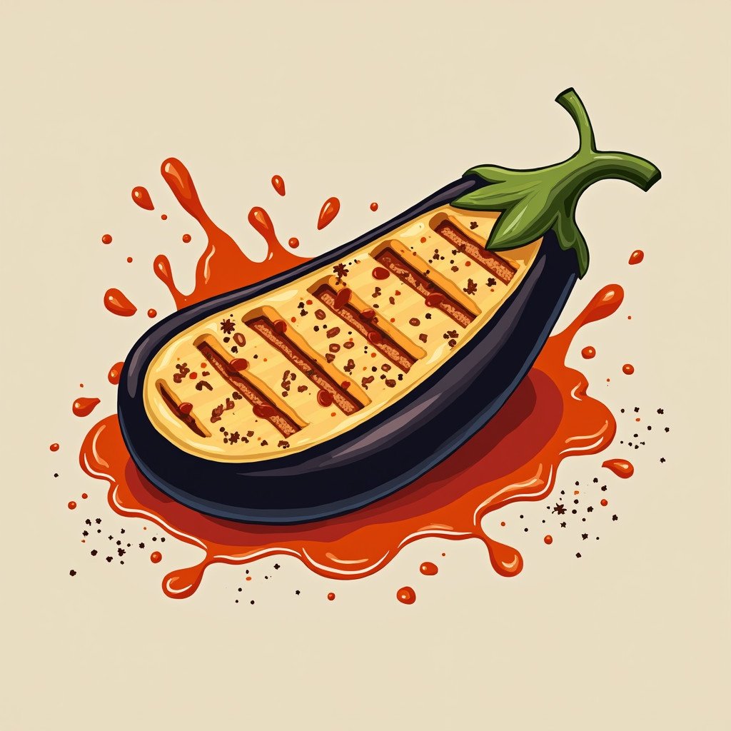 Bold illustration depicts grilled eggplant. Eggplant has a tamarind sauce splashing around it. Red droplets of sauce surround the eggplant. A sprinkle of spices might float in the air.