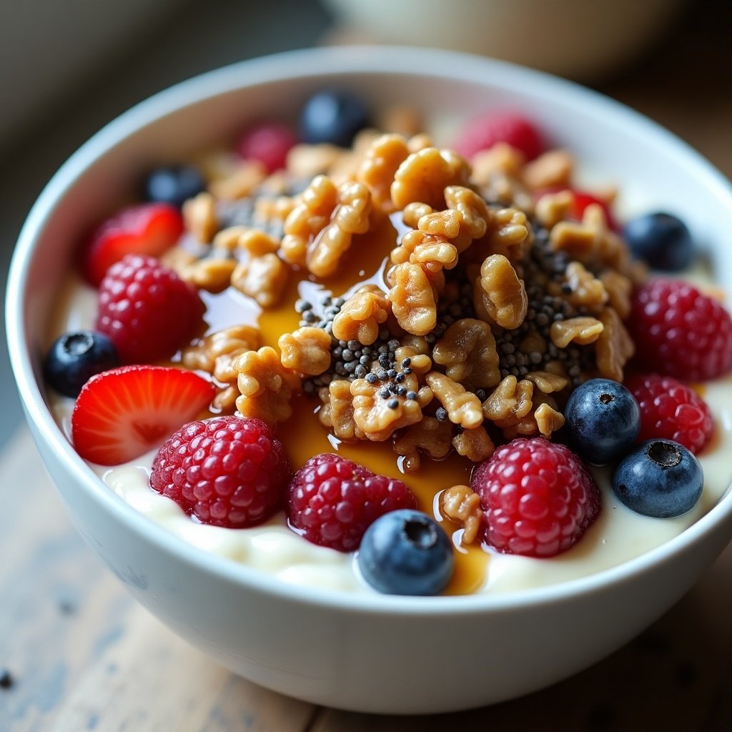 Large bowl of yogurt with mixed berries, granola, walnuts, chia seeds and honey. Ultra realistic image.