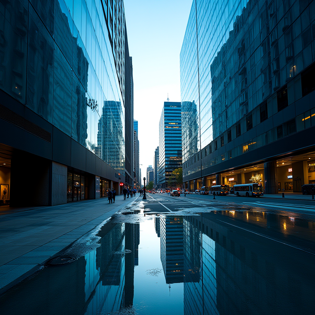 A city street with tall glass buildings reflects in a puddle as dusk approaches.