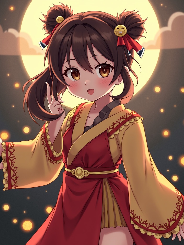 Anime character dressed in traditional clothing. The outfit is vibrant and colorful, featuring red and yellow hues. The character poses playfully against a glowing moon backdrop. Soft lighting enhances the mood. Depicts elements of Japanese culture. Emphasis on playful expression and colorful attire.