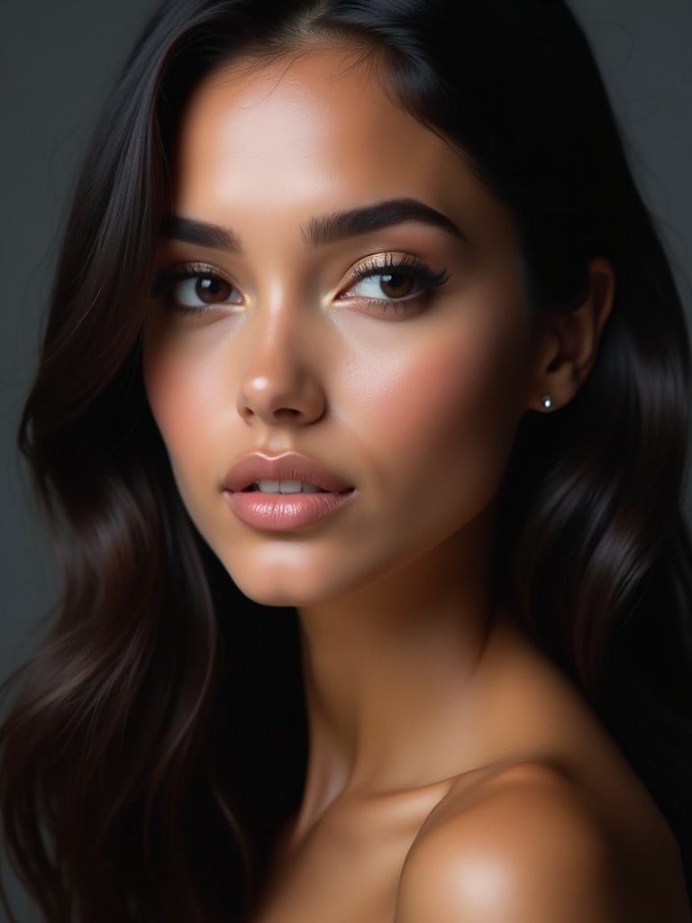 Portrait of a young beautiful woman with long dark hair and dark eyes. Close-up shot looking slightly left with neutral expression. Glossy lips enhancing overall appearance. Soft diffused lighting complementing glowing skin. Dark background in contrast with face. Professional polished look, realistic aesthetic appeal.