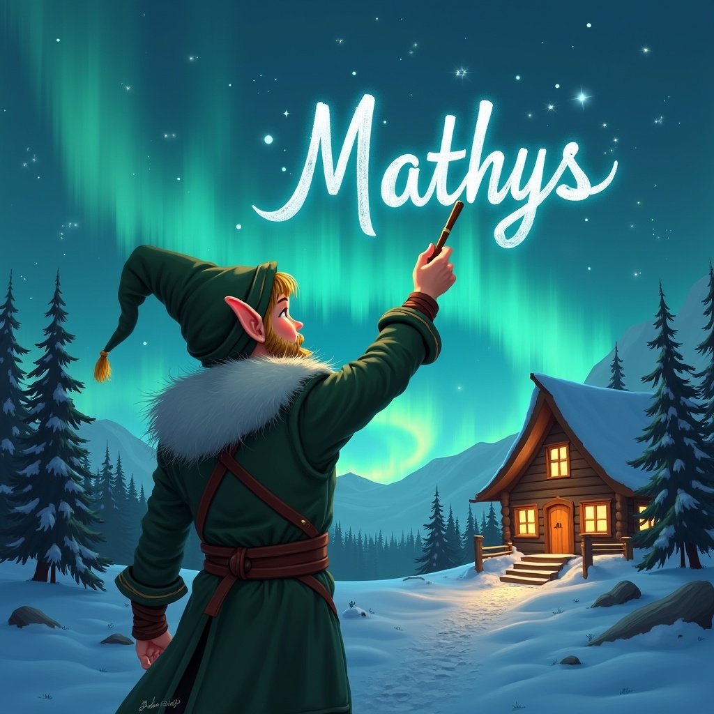 An elf stands with back to viewer. Elf writes names in the air with wand. Background shows magical northern lights and cozy cabin. Name Mathys inscribed in the sky.