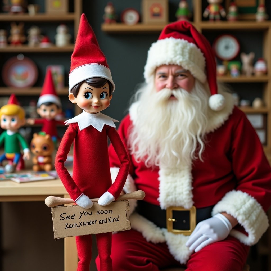 Elf on the Shelf holds a sign in a toy workshop with Santa. Sign addresses Zach, Xander, and Kira. Funko Pop figures are visible in the background.