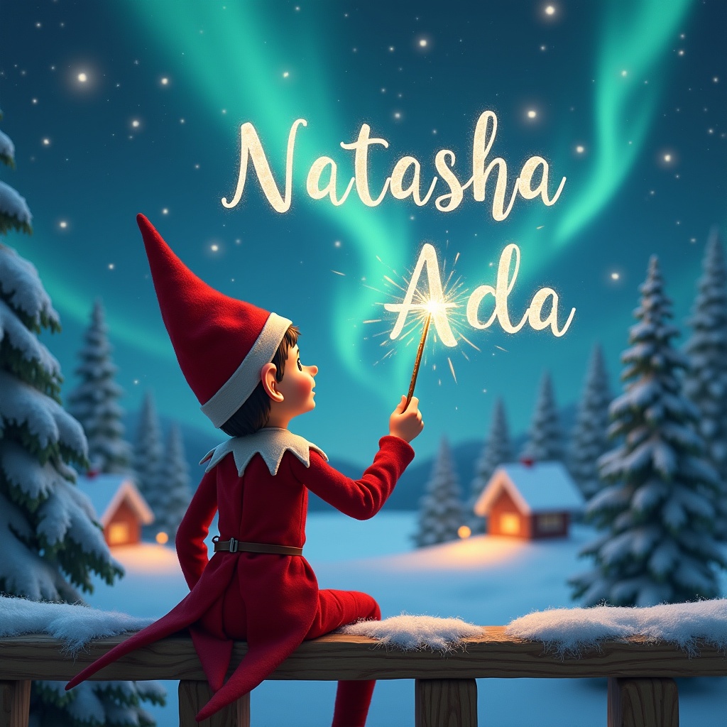 An elf sits on a wooden ledge, gazing at a magical sky filled with the shimmering Northern Lights. Dressed in a red outfit and a pointed hat, the elf holds a sparkling wand. With this wand, the elf writes the names 'Natasha' and 'Ada' in the starry sky. In the background, charming little houses dot a snowy landscape, and evergreen trees complete the picturesque scene. This whimsical and enchanting image captures the essence of childhood magic and festive cheer during the holiday season.