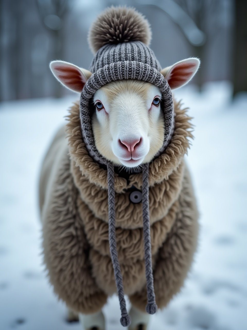 A sheep stands in the snow. The sheep wears a knitted hat with a pom-pom and a fluffy coat. The background is blurred. The focus is on the sheep's attire.