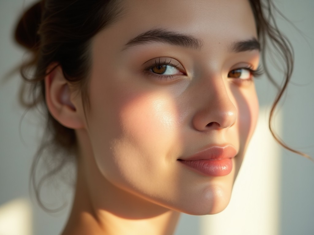 This image captures a young woman with a delicate expression, softly lit by natural sunlight. Her complexion is smooth and flawless, with a gentle blush that complements her serene gaze and subtly styled hair. The play of light and shadow adds depth to the minimalist background, enhancing the overall tranquil and elegant atmosphere. The warm tones create a calming effect, inviting viewers to appreciate her beauty. This portrait showcases the artistry of natural light and its impact on skin tone and features.