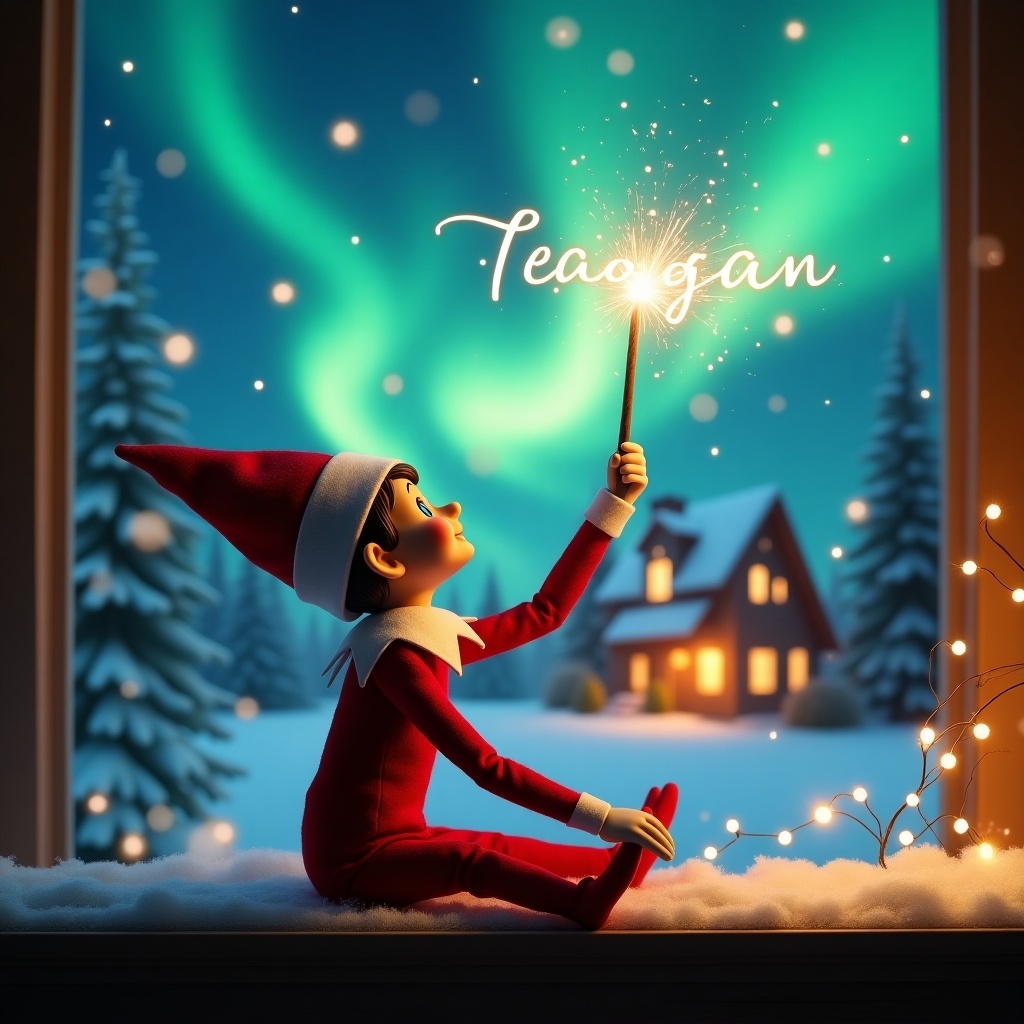 An elf on the shelf gazes skyward while sitting with its back to the viewer. It holds a glowing wand that emits sparkles of light. The background features a charming Christmas scene with swirling northern lights. A cozy holiday-decorated house is visible in the distance. The snow-covered ground enhances the winter atmosphere and spirit of Christmas magic.