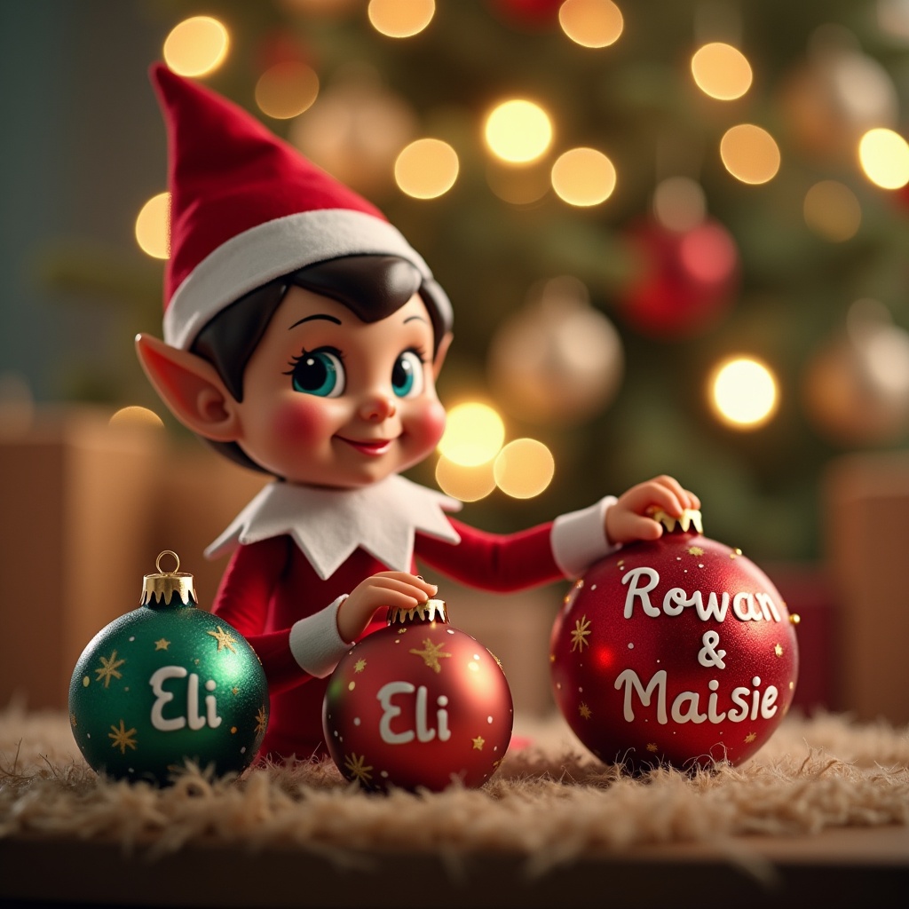 Elf character in red outfit arranging colorful Christmas baubles with names Eli, Rowan, and Maisie. Soft Christmas lights in the background. Scene captures holiday joy and personalization.