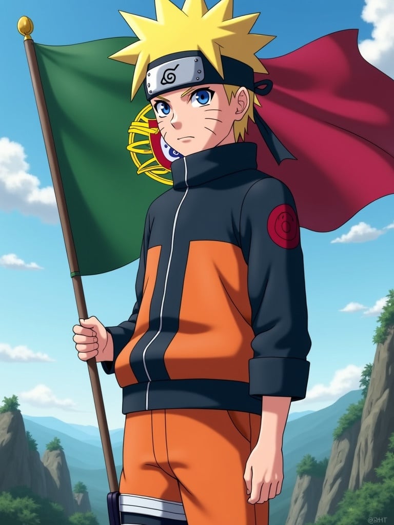 Anime character inspired by Naruto Shippuden stands with a Portugal flag in a scenic background