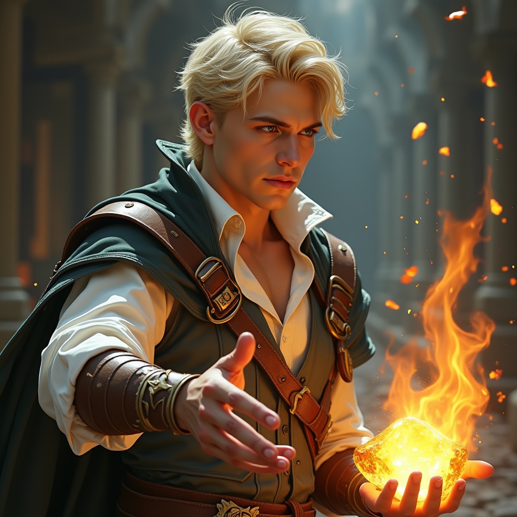 Blonde male mage with amber eyes uses stone magic to attack. Mage is casting a spell with a stone in hand. Dramatic setting enhances magical atmosphere.