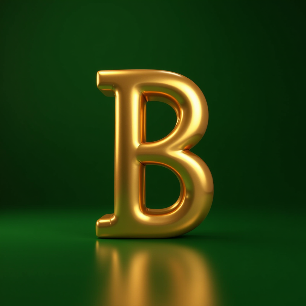 A shiny gold letter 'B' standing against a deep green background.