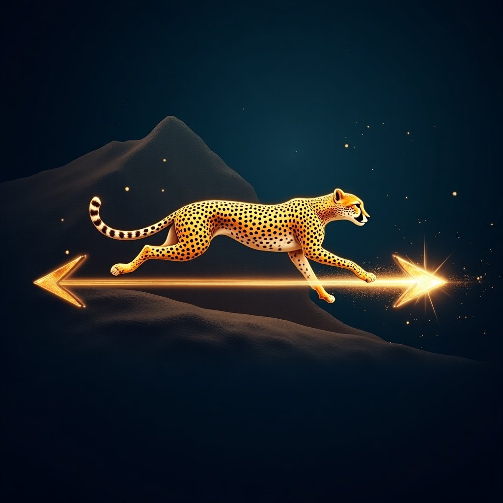 Elegant vibrant image of a cheetah running on all fours alongside a mountainside. Cheetah mid-stride with sleek golden coat and black spots. Glowing gold arrows point right with a sparkling effect. Deep navy blue background with highlights. Emphasizes motion and elegance.