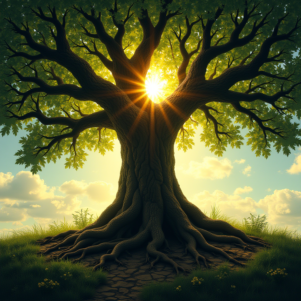 A large tree with sprawling roots stands against a backdrop of the sun shining through its branches.