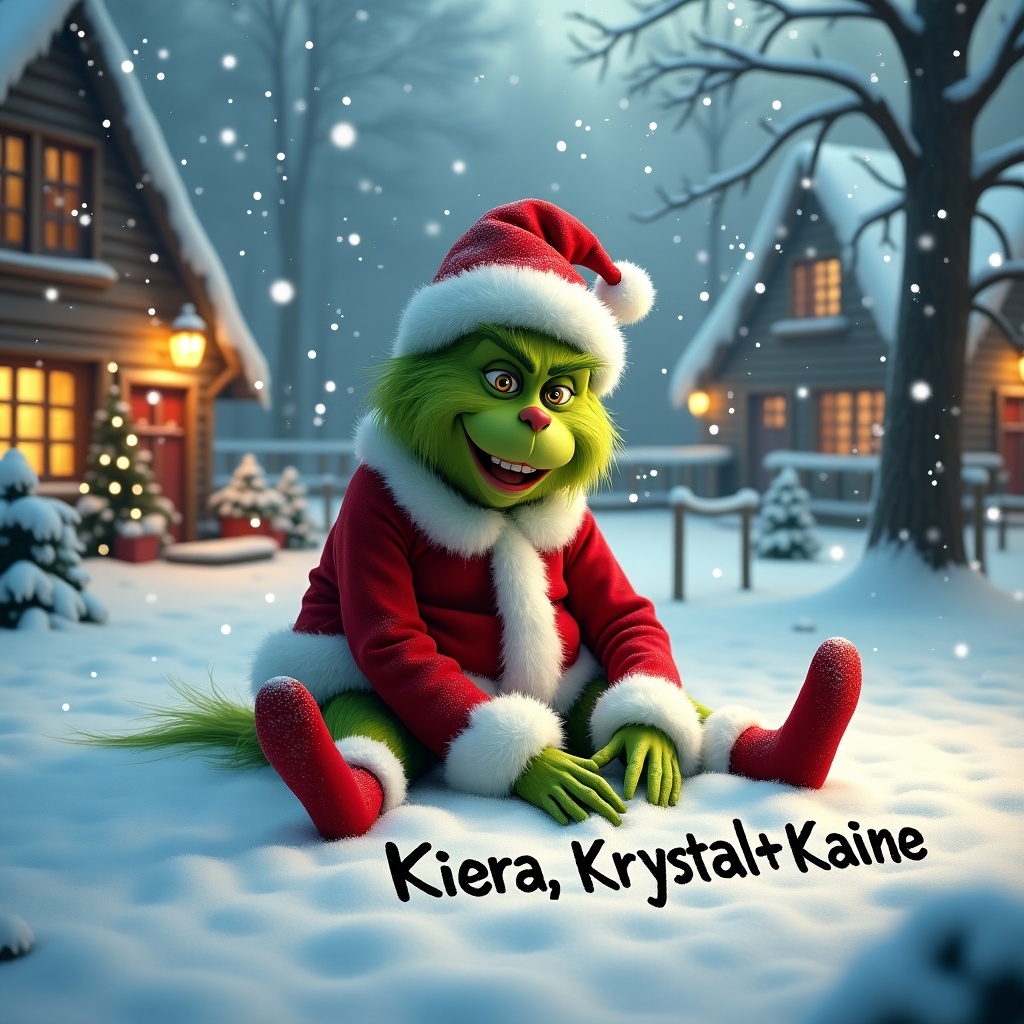 In a snowy landscape, the Grinch sits wearing a red and white Christmas outfit. He happily writes names in snow. Snowflakes fill the air. Cozy cottages with warm lights are nearby. Joyful expression reflects holiday spirit.