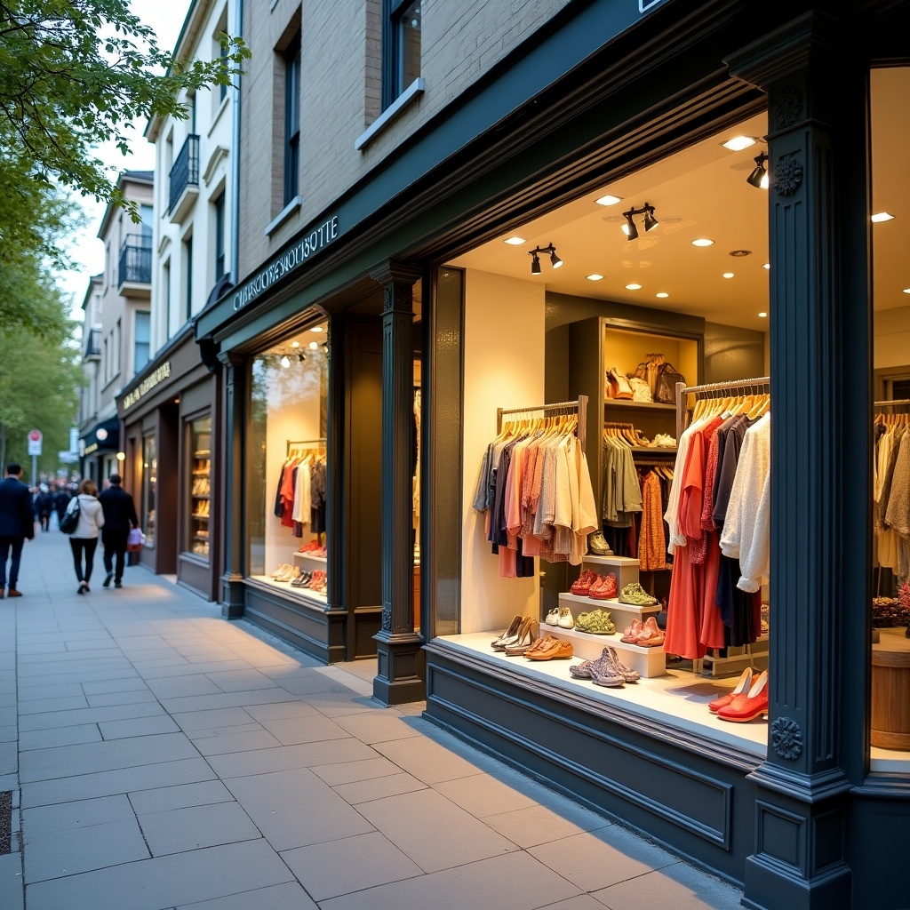 The image showcases a stylish retail storefront, featuring a range of attractive clothing and shoes. Large display windows invite onlookers to explore a well-curated collection of fashion items. The setting is a picturesque shopping street with pedestrians strolling by. Soft lighting enhances the appealing products displayed. The architecture combines modern design with classic elements, creating a welcoming ambiance for shoppers.