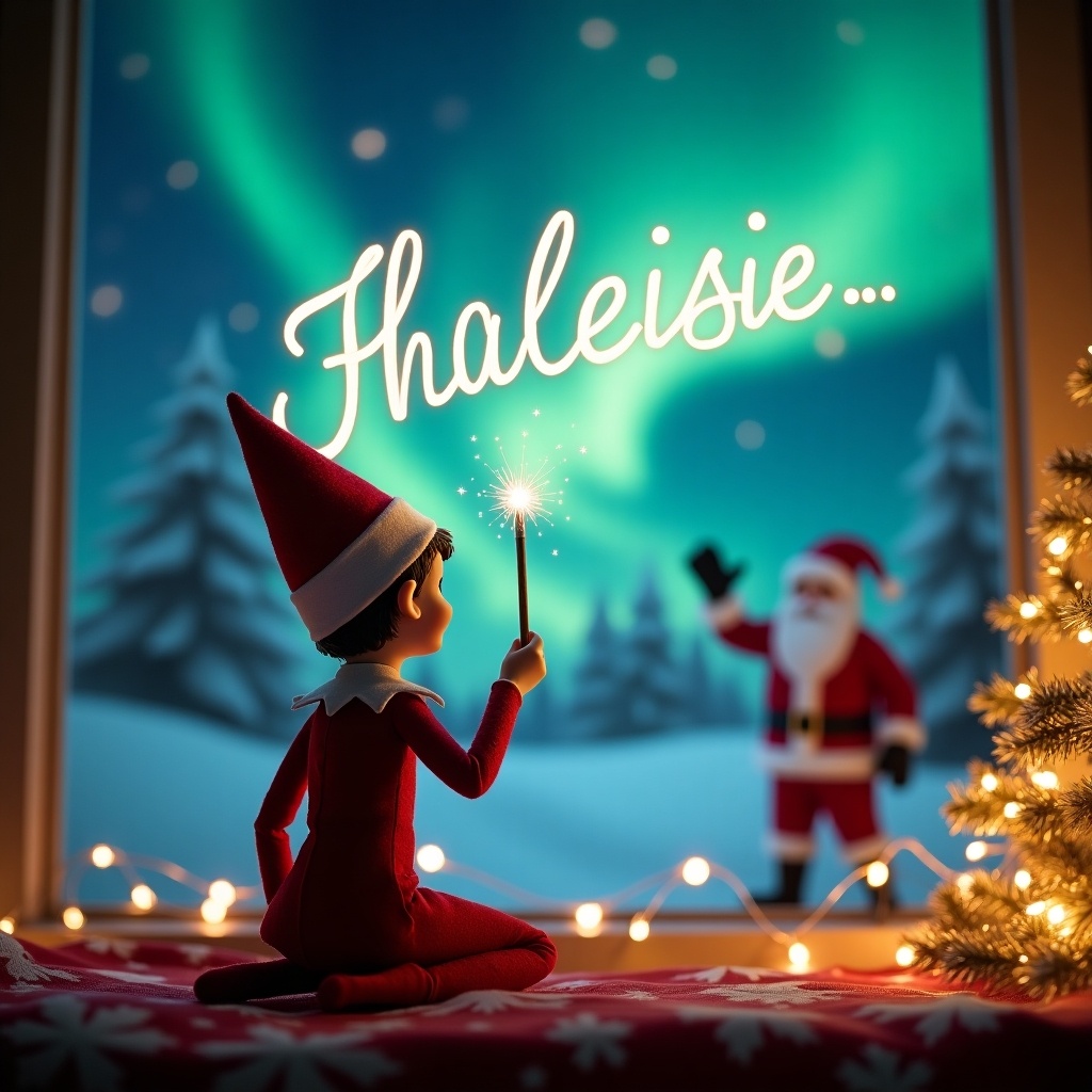 An adorable scene captures a girl Elf on the Shelf with her back to the viewer. She is facing a breathtaking nighttime sky illuminated by the northern lights. The elf, dressed in traditional holiday attire, is using a magic wand to elegantly write the name 'Khaleisie' in the air. In the background, Santa Claus joyfully waves, creating a sense of wonder and joy. The scene is completed with decorative Christmas elements like a beautifully lit tree and twinkling fairy lights, evoking a festive spirit.