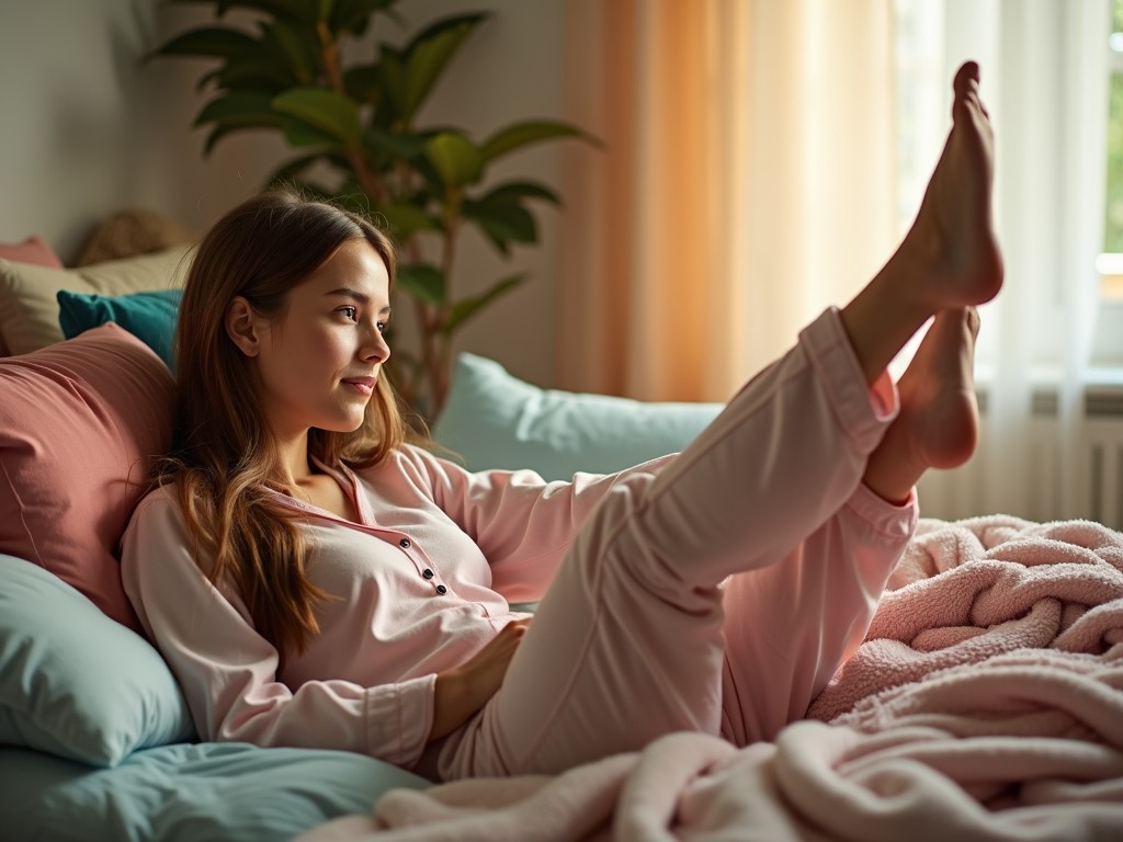 A young woman is lounging comfortably on a bed, dressed in pastel pink pajamas. She is resting back against a pile of soft pillows, gently hugging a cozy pink blanket. Natural light streams through a nearby window, casting a warm glow over the room, which adds to the serene and tranquil atmosphere.