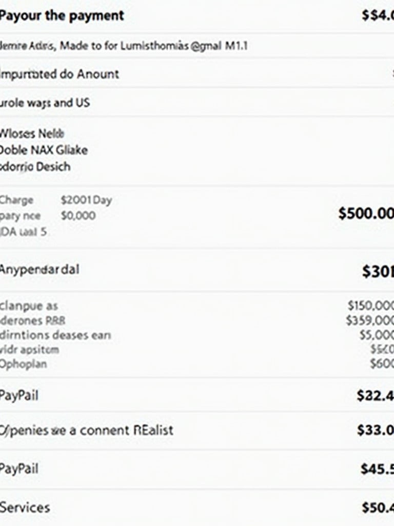 Receipt displays financial transaction details. Total payment amount is $500 made to Lumisthomas7@gmail. PayPal identified as payment method. Contains other itemized charges and costs for services