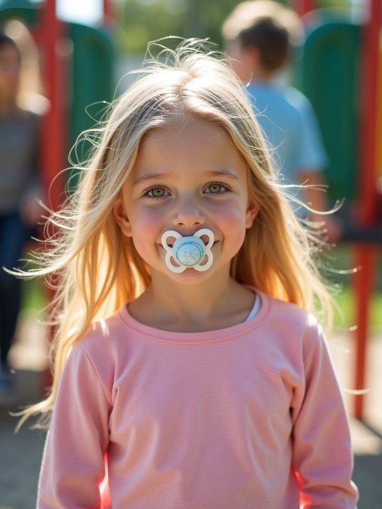 Girl plays in the playground. She has long blond hair and emerald green eyes. Wears a long sleeve pink t-shirt. Parents are present in the background. Girl wears Velcro strap shoes. Pacifier is in her mouth.