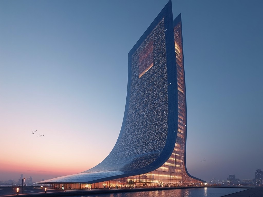 The image depicts a stunning futuristic skyscraper that embodies Islamic architectural elements. It features intricate patterns elegantly displayed on a glass facade, showcasing the fusion of culture and modernity. Set against a mesmerizing twilight sky, the skyscraper appears both welcoming and monumental. The lighting creates a beautiful aura, highlighting the design details. This architectural marvel stands out in the urban skyline, symbolizing innovation and heritage.