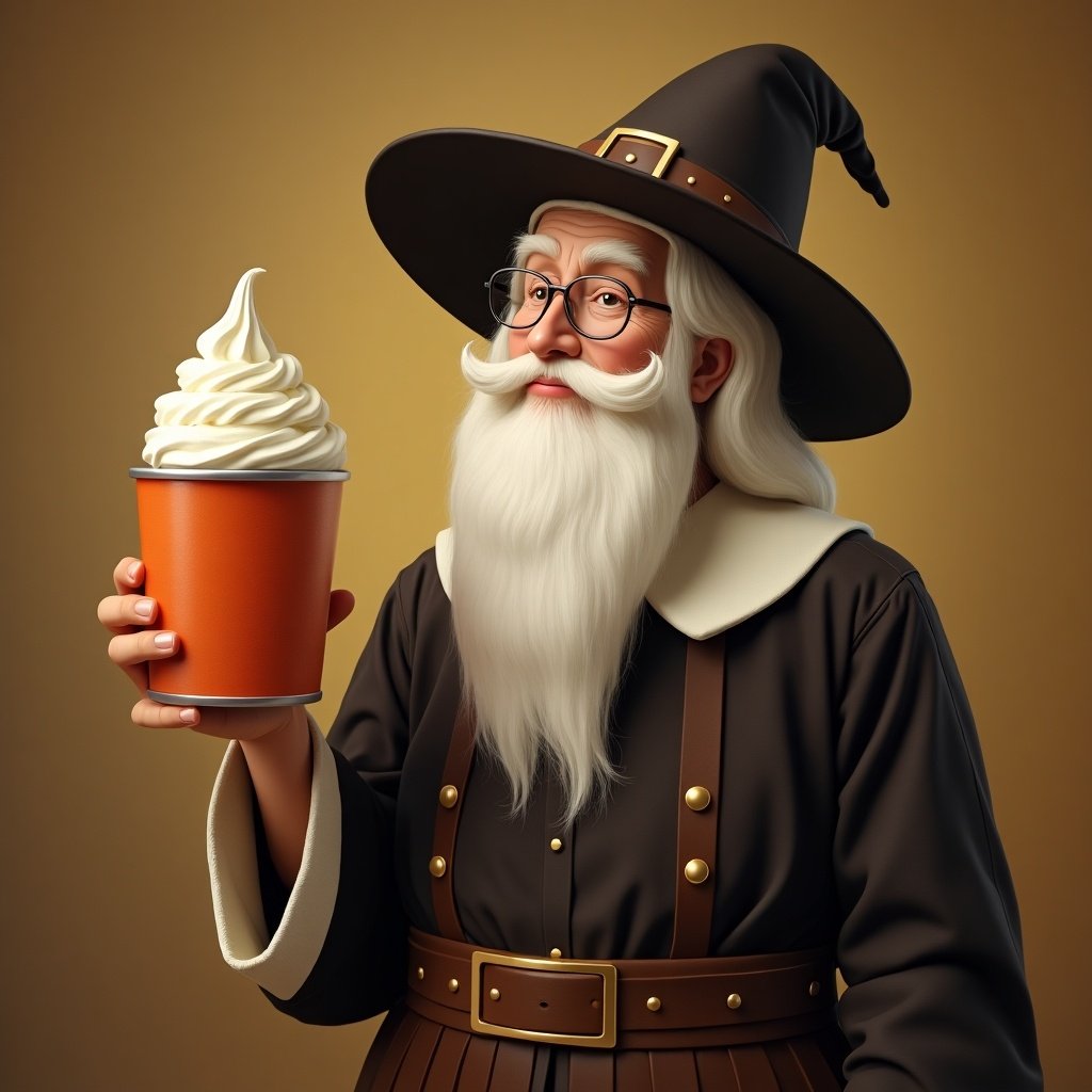 This image depicts a whimsical figure of a pilgrim character holding a can of whipped cream. The pilgrim is wearing traditional attire, complete with a hat and a long, flowing beard. The character is posed in a friendly manner, showcasing the whipped cream can with a warm smile. The background features a soft, warm tone that complements the character’s outfit. This scene conveys a playful twist on traditional imagery, introducing a fun culinary element.