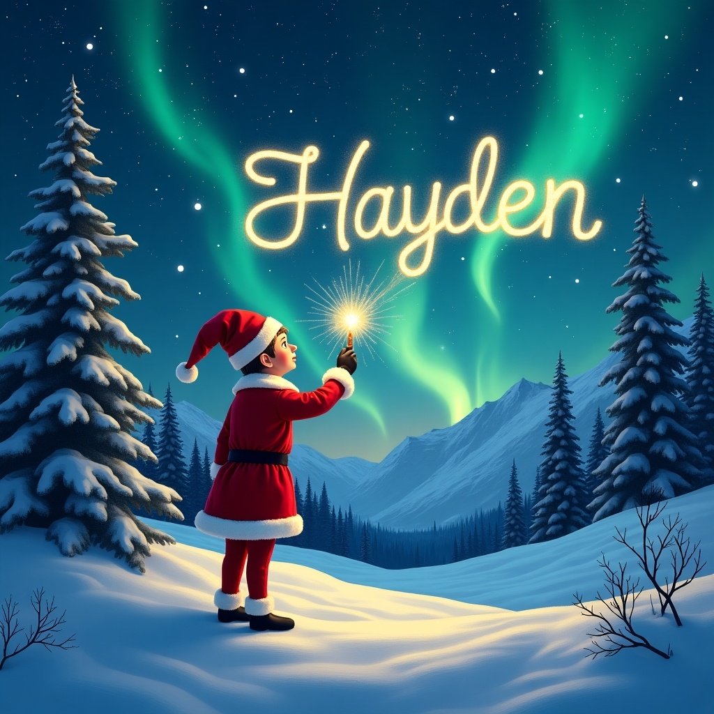 A traditional red elf stands in snowy mountains at night. The elf uses a magic wand to illuminate the name 'Hayden' in the sky. The scene features glowing stars and vibrant northern lights, with deep snow and tall pine trees. This image captures a magical winter holiday atmosphere.