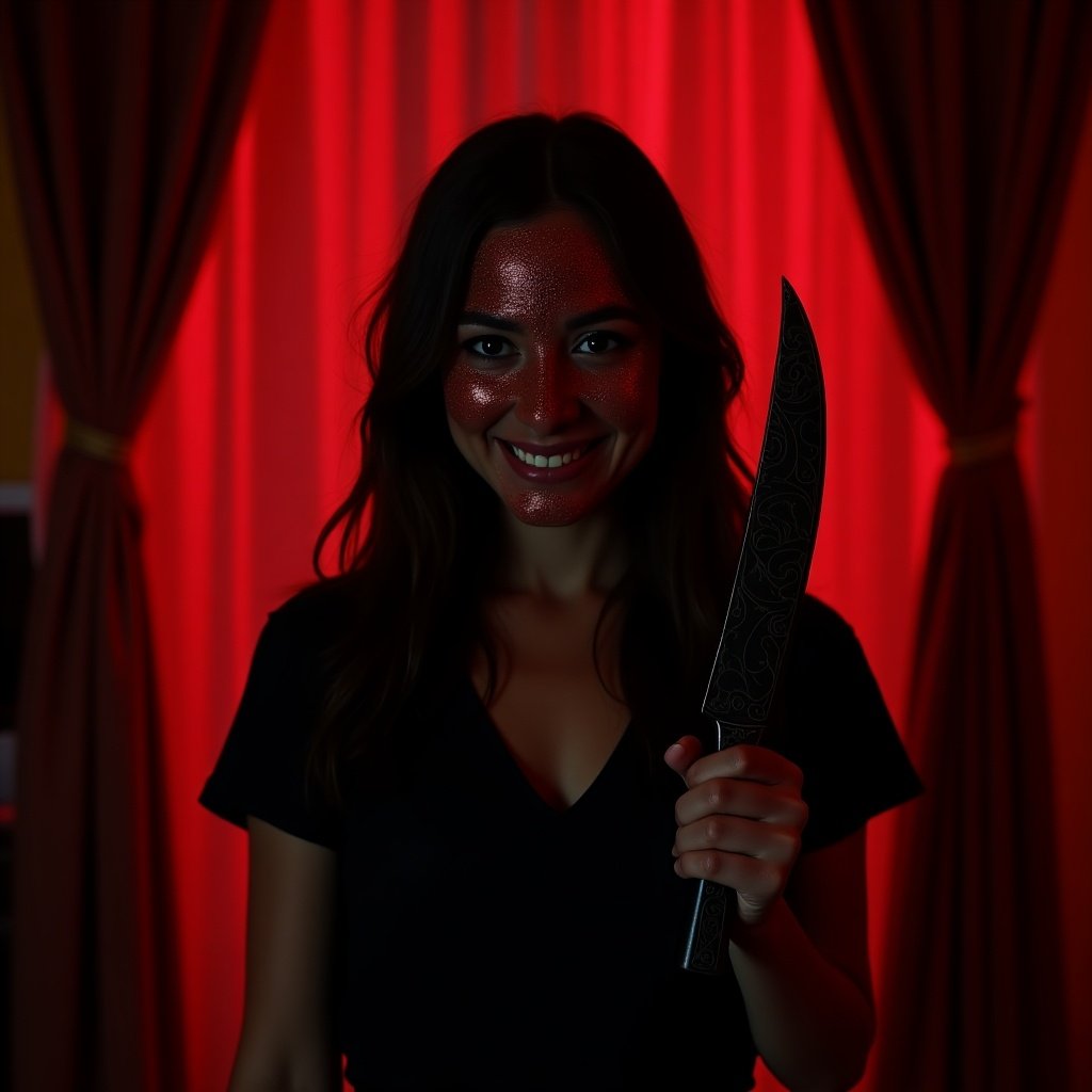 A person holds a dark ornate knife. The setting has dramatic red lighting with curtains on both sides. The scene evokes a sense of mystery.