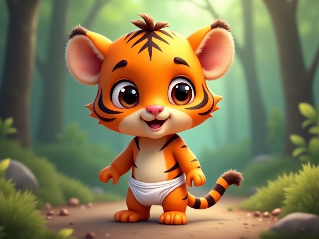 The image features a cute, cartoon-like baby tiger with big, expressive eyes. The tiger has vibrant orange fur with dark black stripes and is standing against a blurred forest background. It wears a simple white diaper, adding a humorous and adorable touch. The scene is surrounded by gentle, soft lighting that enhances the tiger's cuteness. Small details, like the fluffy ears and tiny paws, emphasize the youthful, endearing nature of the character.