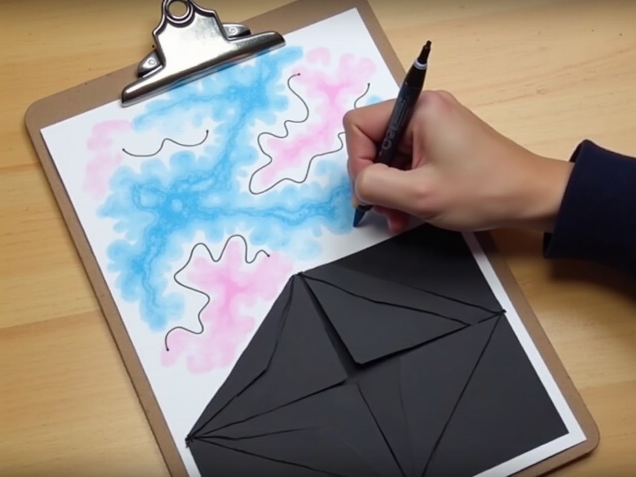 A hand is skillfully coloring a geometric abstract design on a clipboard. The top half features swirling blue and pink hues, resembling fluid painting. Soft cloud-like shapes create a playful atmosphere. The bottom half contrasts with a solid black section showing angular geometric patterns. This visual showcases the combination of vibrant colors and structured designs, illustrating the creative process of art-making. The scene is set on a wooden table, emphasizing the tactile nature of the artwork.