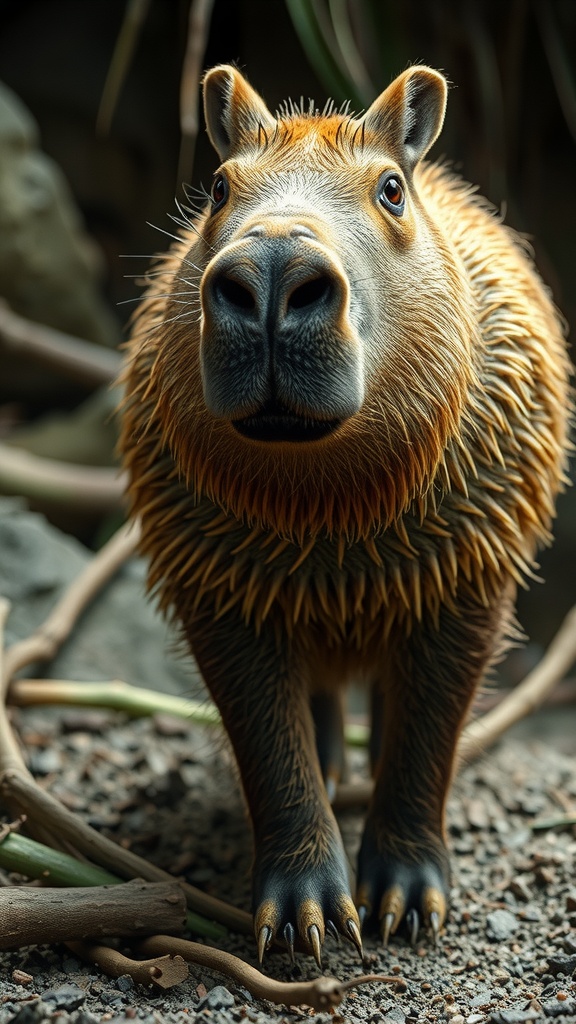 A digitally created capybara with porcupine-like quills in a forest setting.