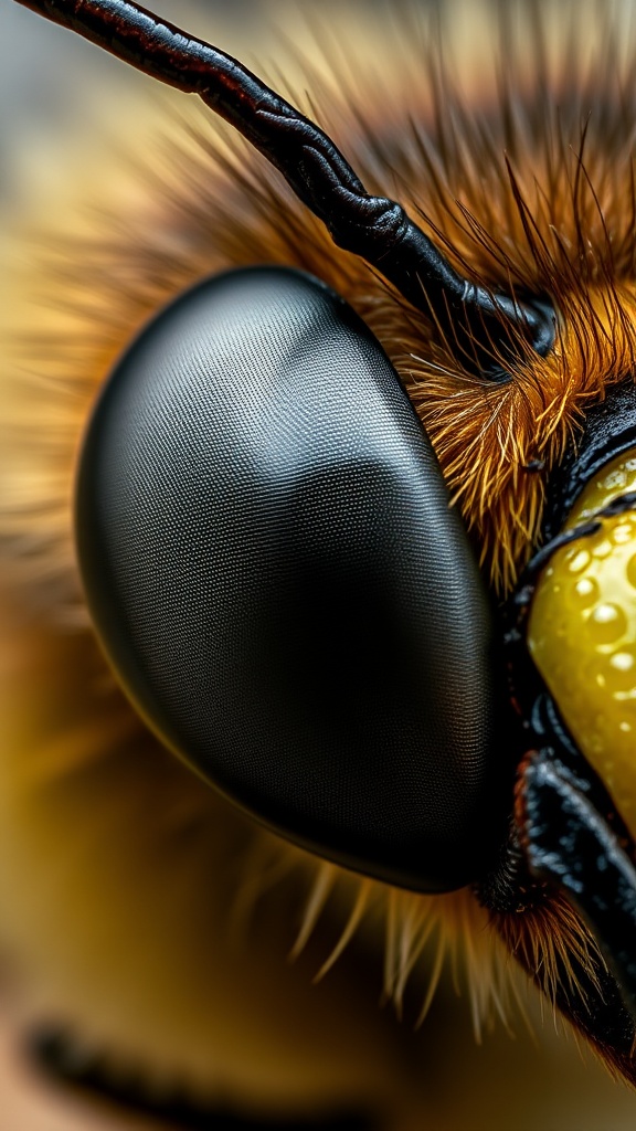 A detailed macro image of an insect's eye, showcasing fine textures and vibrant colors.