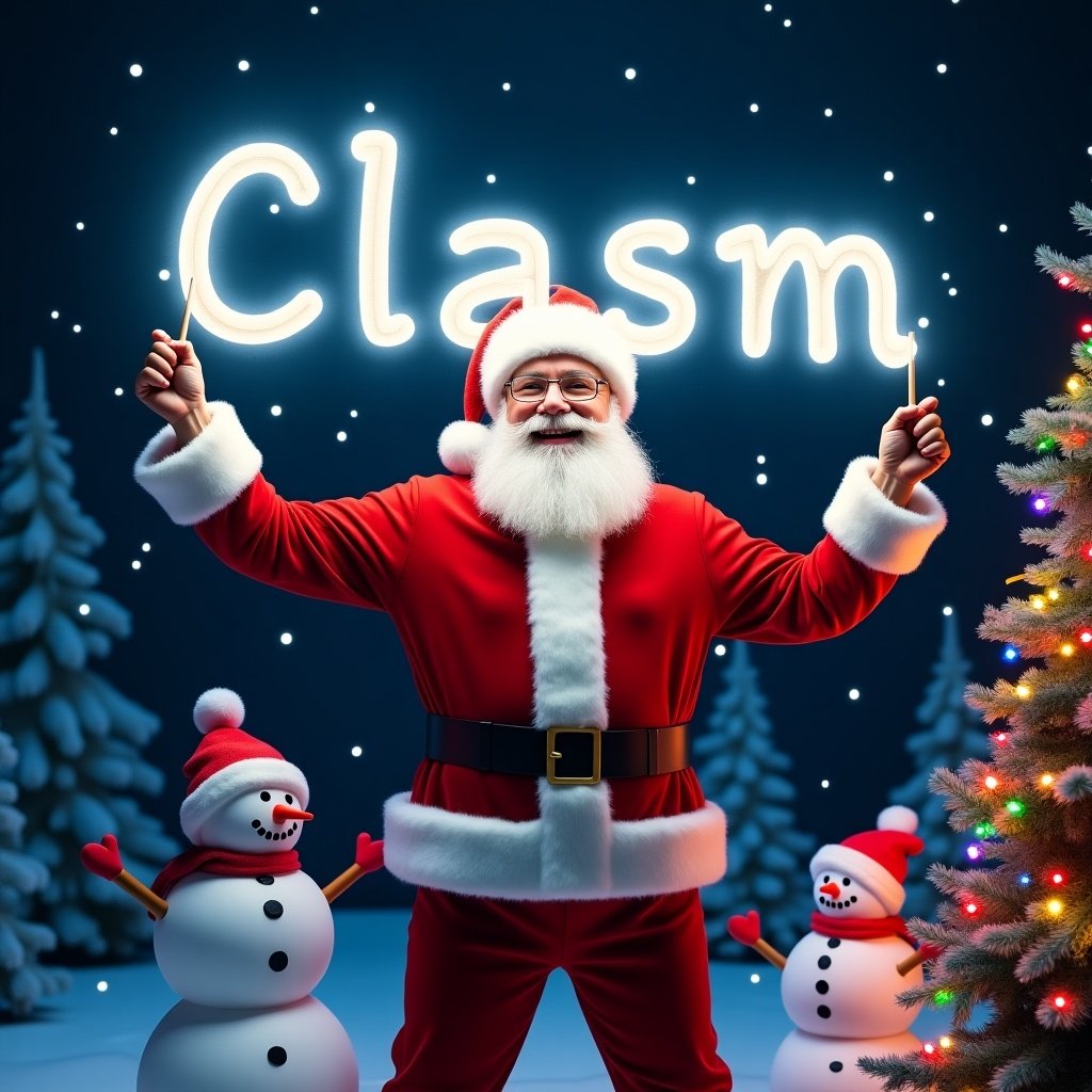 This image features a cheerful Santa Claus, dressed in his iconic red and white suit. He joyfully holds a glow stick that creates the name 'Clasm' in bright light. Santa's warm expression radiates holiday cheer, bringing a sense of joy to viewers. Two jolly snowmen stand beside him, complementing the festive scene. The backdrop is a dark winter night sprinkled with twinkling stars, enhancing the glow of the text. Colorful Christmas lights adorn the nearby evergreen trees, capturing the magical spirit of the season while evoking the tradition of giving personalized gifts.