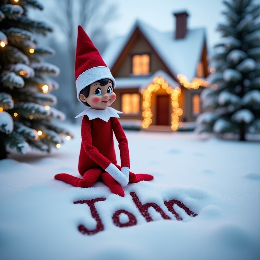 A festive Elf on the Shelf character outside in a snow-covered landscape. The elf dressed in red and white is smiling while writing the name 'John' in the snow. In the background, a charming house is decorated with lights. Snowy Christmas trees surround the scene, highlighting the holiday spirit. The setting evokes a cheerful and warm feeling, perfect for the season.