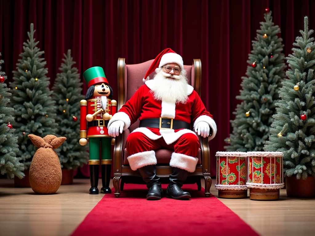 The image features Santa Claus seated comfortably on a regal chair. He is dressed in his traditional red suit with a white beard and black boots, showcasing a jolly expression. Beside him is a nutcracker soldier, and plush Christmas trees are present in the background, adding to the festive ambiance. On the floor, there's a red carpet leading up to Santa, and traditional drum decorations sit nearby. The overall setting is warm and inviting, perfect for the holiday season.