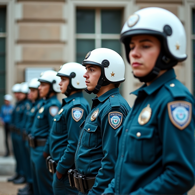 A line of police officers wearing helmets stand in formation.