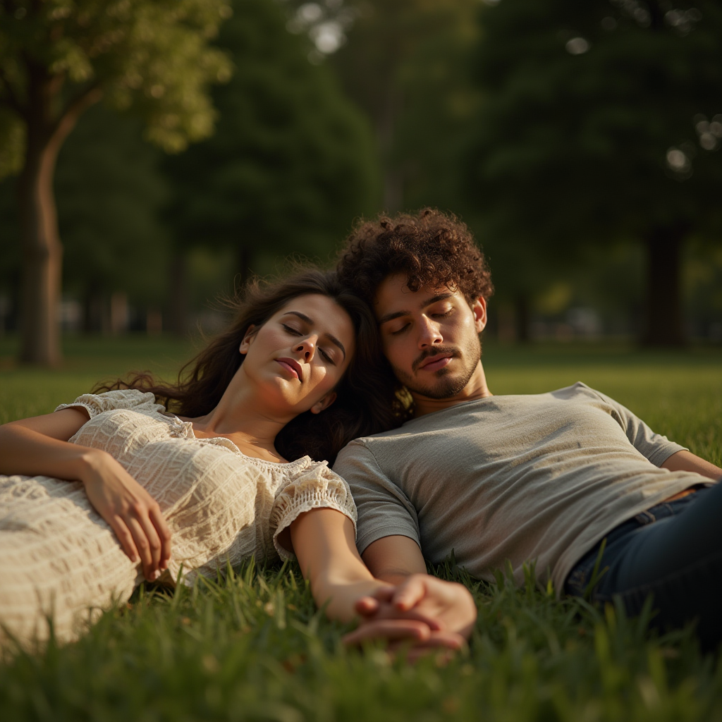 A couple peacefully rests together on lush green grass in a sunlit park.