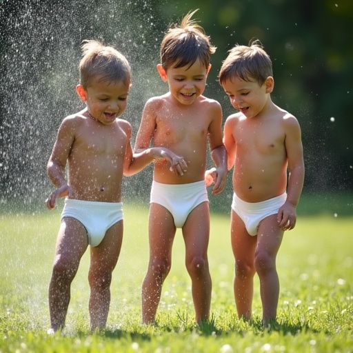 Three little boys in wet white underwear play in a sprinkler on a sunny day.