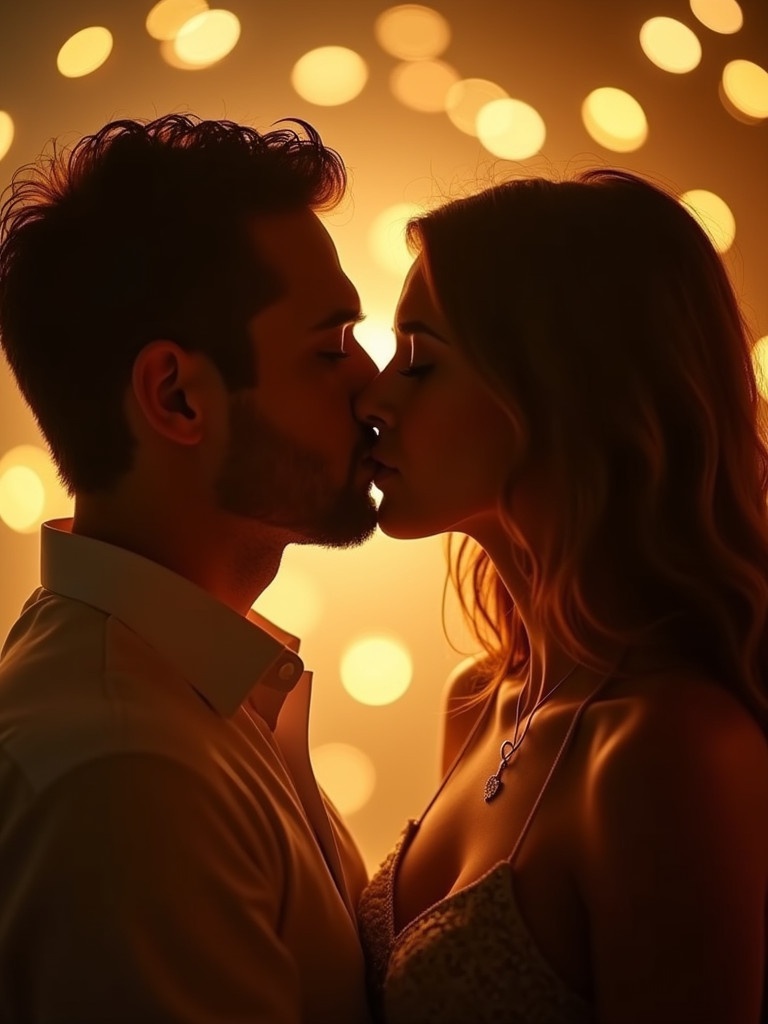 Couple shares a gentle kiss against warm glowing lights. Soft focus enhances their features. Golden lighting casts a warm hue on their faces. Atmosphere filled with love and serenity. Captures magic of shared moments.